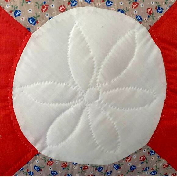 Handmade Vintage Blue & Red Quilted Accent Pillow with Lace Border - Picture 9 of 9